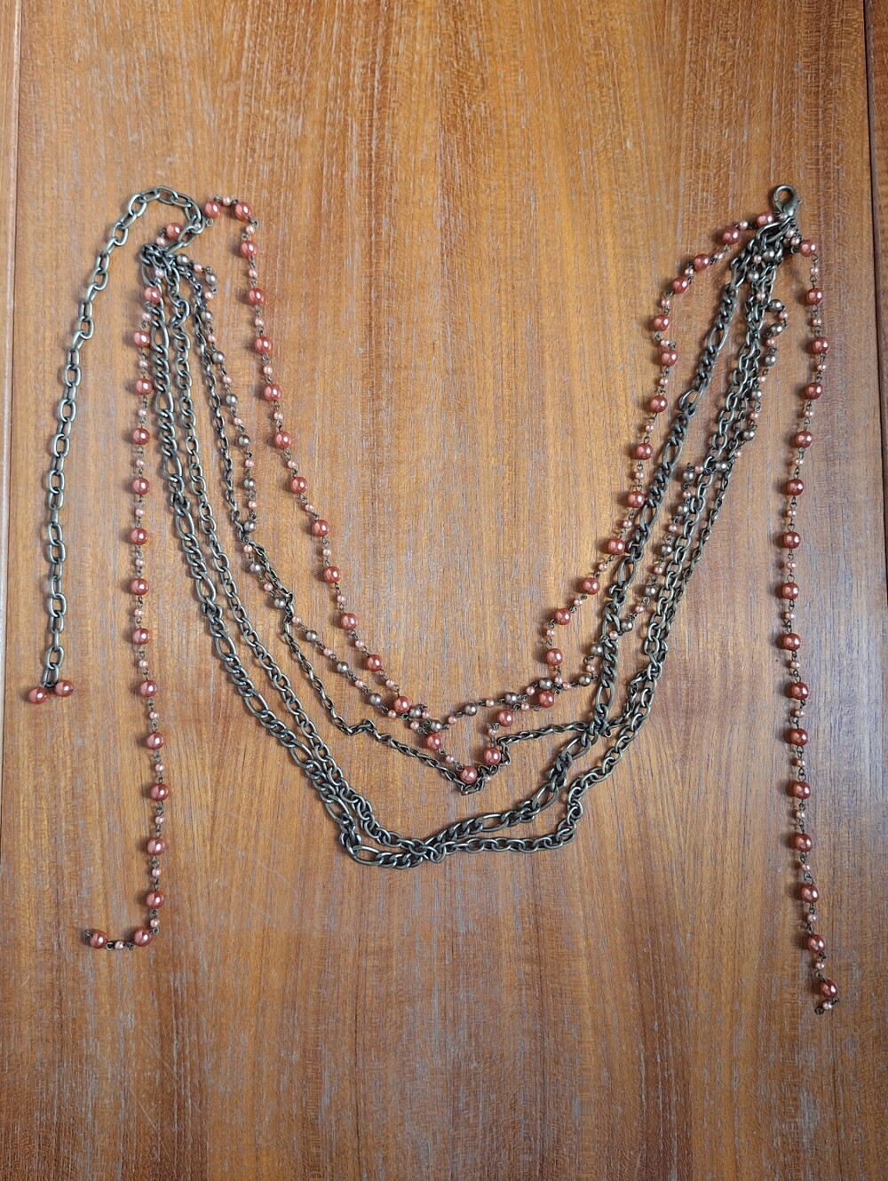 Layered Metal Chain Belt Multi Strand Pearl Gold Coral Figaro Boho Festival